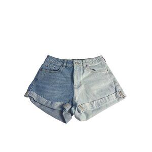 PacSun Two-Tone Blue High-Waist Denim Mom Shorts Rolled Hem Zip Fly Size 25